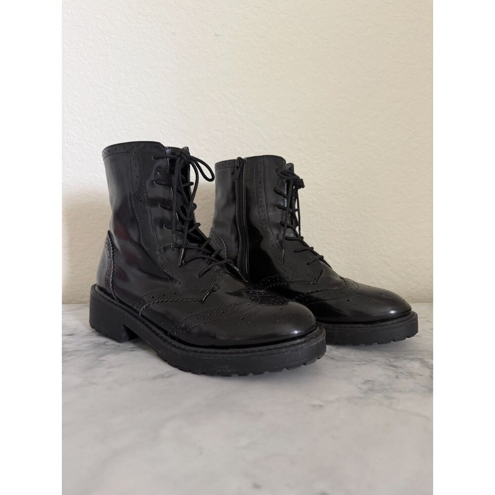 London Rebel Black Faux Leather Zip Lace Up Boots EU 39 US 8 Doc Marten Style
